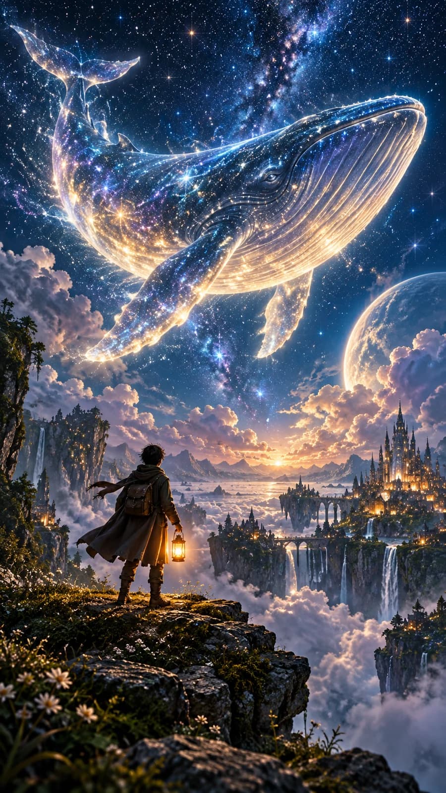 An immense luminous whale drifting through a starry sky above a small traveler holding a lantern, lush cinematic fantasy