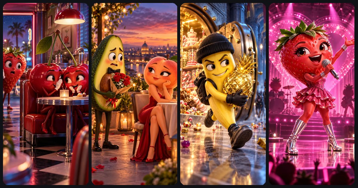 Collage of 3D cartoon fruit characters from AI fruit drama videos, including an avocado, a peach and a strawberry