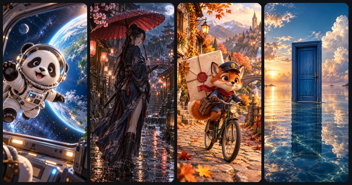 Four vertical stills ready to animate with AI: a cartoon panda astronaut, an anime woman with a red umbrella, a fox courier on a bicycle and a blue door standing in the sea