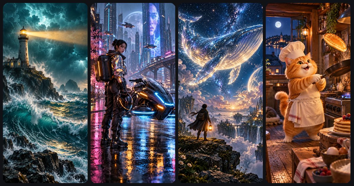 Four vertical AI video frames made from text prompts: a lighthouse in a storm, a cyberpunk rider in neon rain, a glowing whale in a starry sky and a cartoon cat chef flipping pancakes