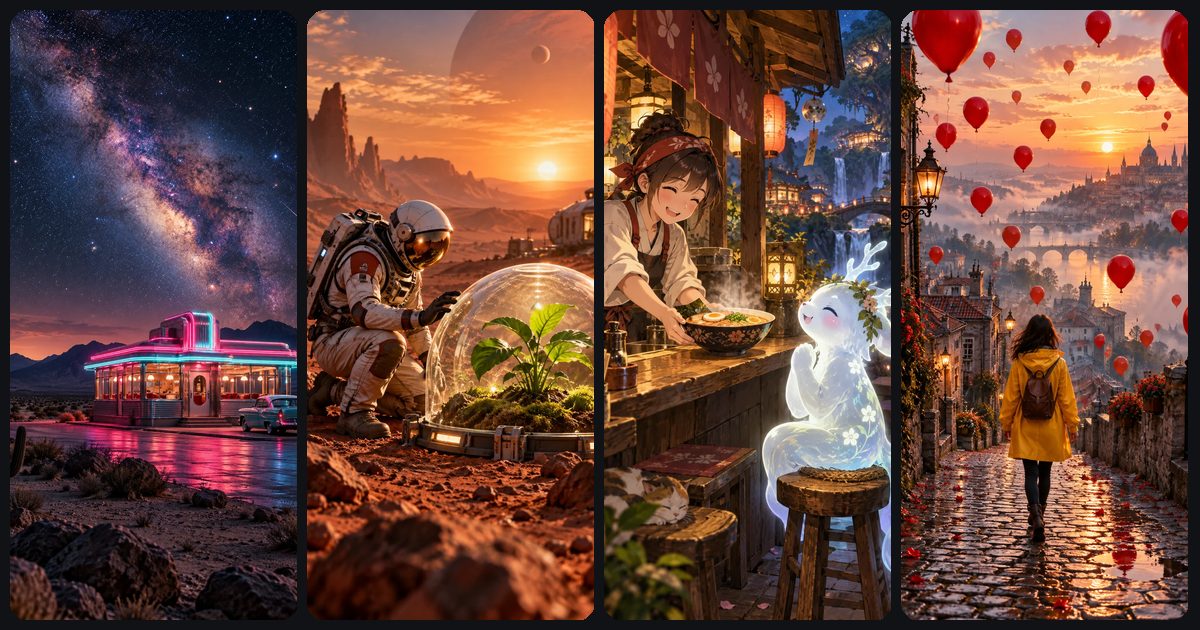 Four vertical AI video frames: a neon diner under the Milky Way, an astronaut tending a plant on a red planet, an anime ramen cook with a glowing spirit, and a girl in a yellow coat among red balloons