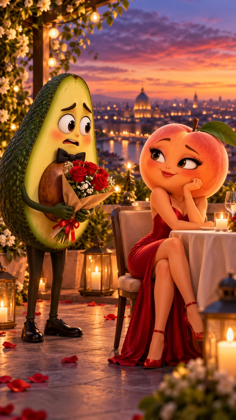3D cartoon avocado character in a black bow tie nervously holding red roses beside a peach character in a red gown at a candlelit rooftop table at sunset